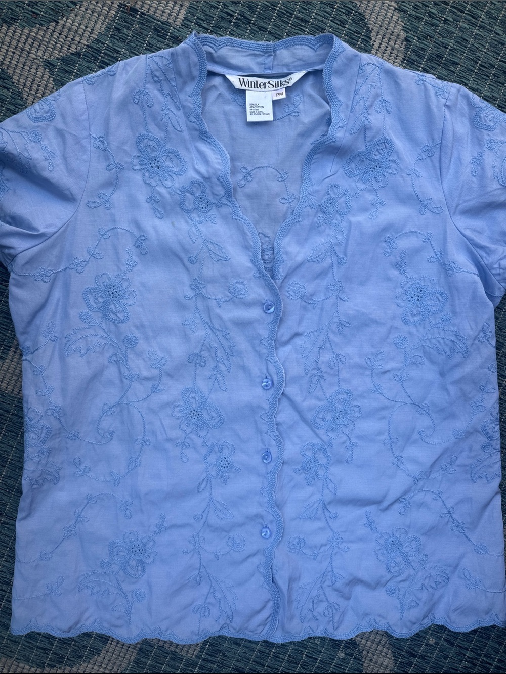 WinterSilks Light Blue Embroidered Button-Front Blouse silk/cotton M gorg!